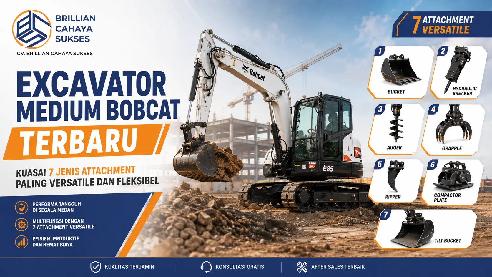 Excavator Medium Bobcat Terbaru Kuasai 7 Jenis Attachment Paling Versatile dan Fleksibel