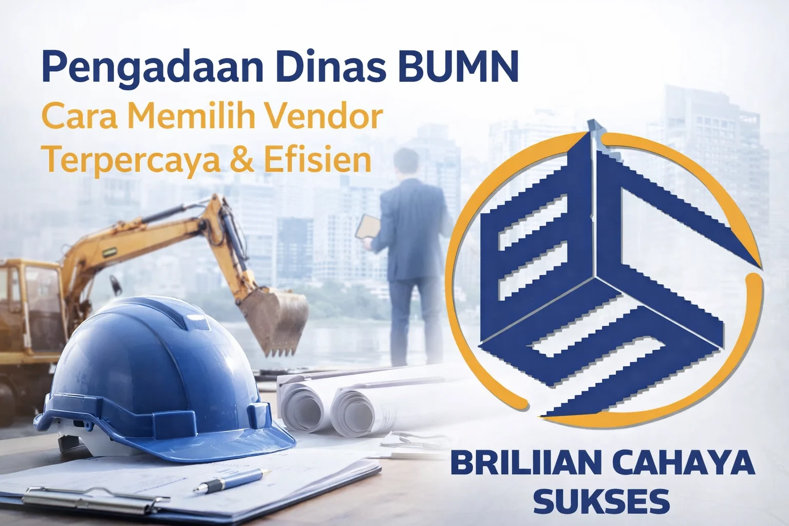 Feature image pengadaan Dinas BUMN dengan ilustrasi alat berat, perlengkapan proyek, dan logo CV. Brilian Cahaya Sukses sebagai vendor terpercaya