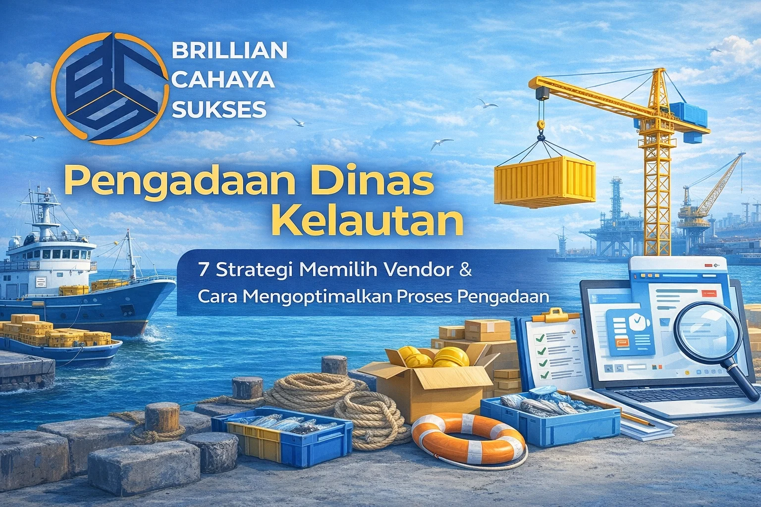 Feature image pengadaan dinas kelautan dengan logo CV. Brillian Cahaya Sukses, menampilkan ilustrasi kapal, pelabuhan, alat logistik, dan proses pemilihan vendor pengadaan secara digital