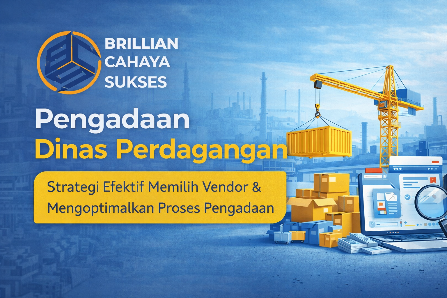 Feature image pengadaan dinas perdagangan dengan logo CV. Brillian Cahaya Sukses, menampilkan ilustrasi crane, distribusi barang, dan proses pemilihan vendor pengadaan secara digital