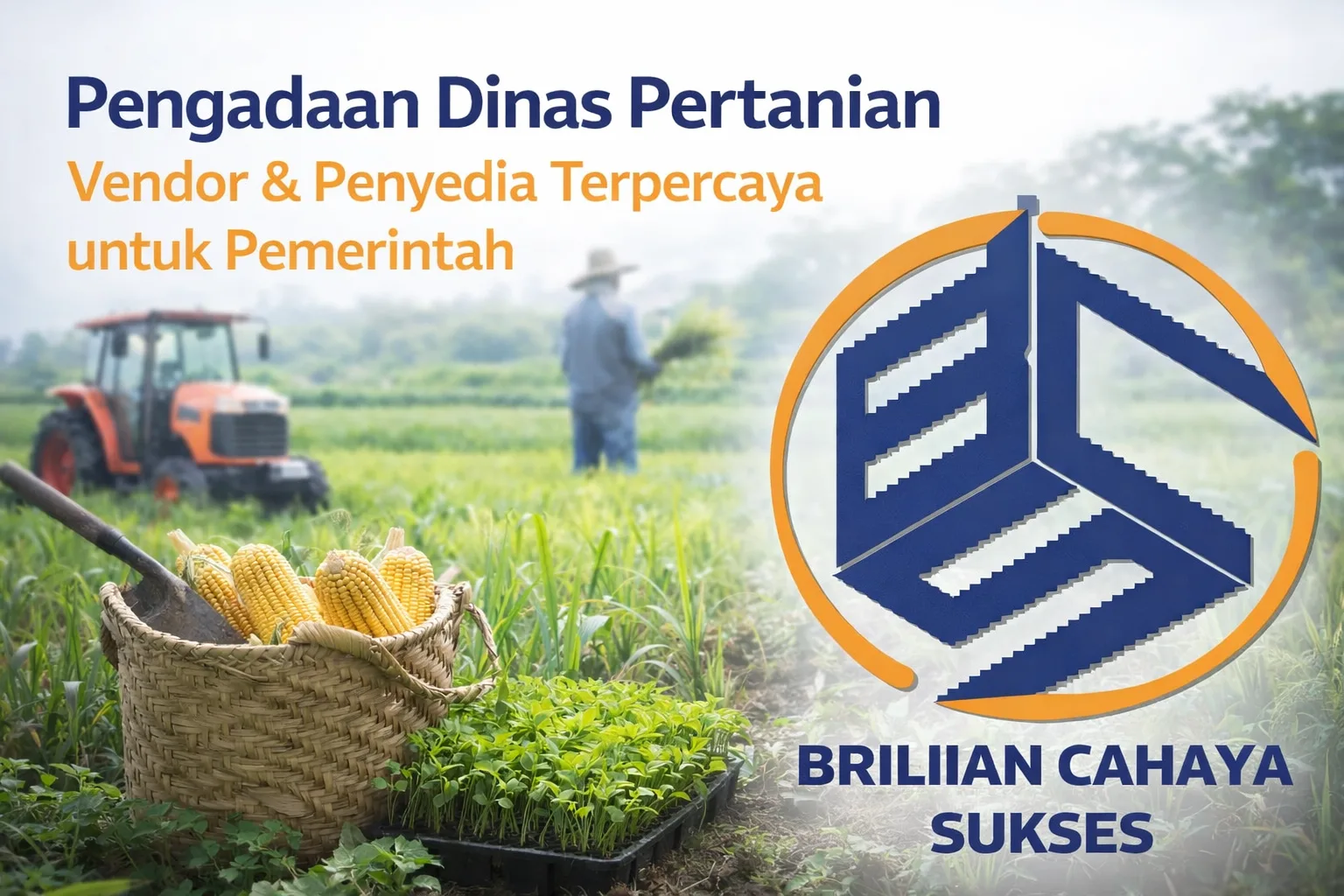 Feature image pengadaan Dinas Pertanian dengan ilustrasi petani, alat pertanian, hasil panen, dan logo CV. Brilian Cahaya Sukses sebagai vendor terpercaya
