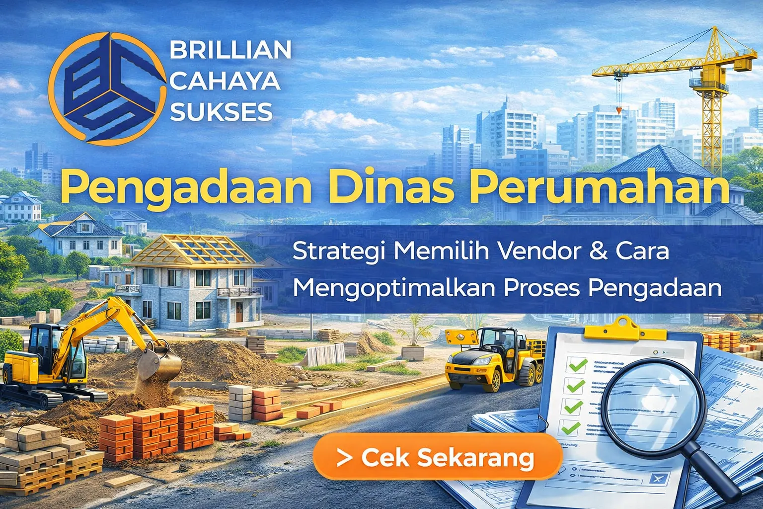 **Alt Text:** Feature image pengadaan dinas perumahan dengan logo CV. Brillian Cahaya Sukses, menampilkan proyek pembangunan rumah, alat berat konstruksi, serta ilustrasi proses pemilihan vendor pengadaan pemerintah