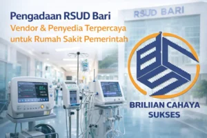 Feature image pengadaan RSUD Bari dengan ilustrasi rumah sakit, tenaga medis, perlengkapan kesehatan, dan logo CV. Brilian Cahaya Sukses sebagai vendor penyedia terpercaya