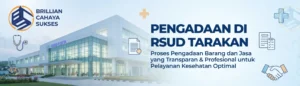 Feature image pengadaan RSUD Tarakan menampilkan gedung rumah sakit modern dengan teks “Pengadaan di RSUD Tarakan”, ilustrasi ikon medis, serta logo CV Brilian Cahaya Sukses sebagai penyedia jasa pengadaan pemerintah.