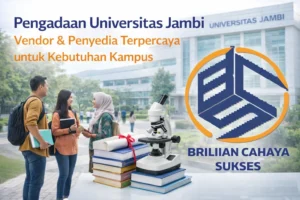Feature image pengadaan Universitas Jambi dengan ilustrasi mahasiswa, fasilitas kampus, perlengkapan pendidikan, serta logo CV. Brilian Cahaya Sukses sebagai vendor penyedia terpercaya