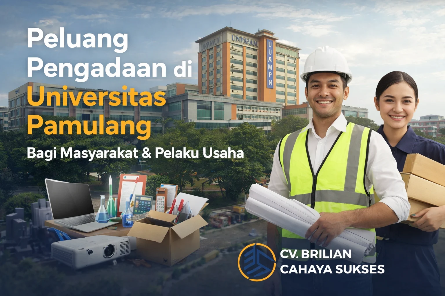 Feature image pengadaan Universitas Pamulang menampilkan gedung kampus UNPAM, vendor profesional, perlengkapan pengadaan seperti laptop dan alat lab, serta logo CV Brilian Cahaya Sukses sebagai mitra penyedia jasa dan barang.