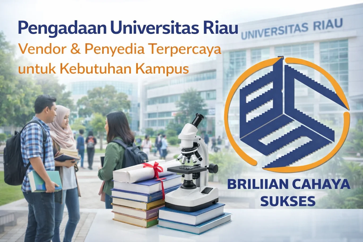 Feature image pengadaan Universitas Riau dengan ilustrasi mahasiswa, fasilitas kampus, perlengkapan pendidikan, dan logo CV. Brilian Cahaya Sukses sebagai vendor penyedia terpercaya