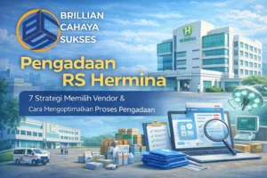 **Alt Text:** Feature image pengadaan RS Hermina dengan logo CV. Brilian Cahaya Sukses, menampilkan ilustrasi rumah sakit, alat medis, dan proses pemilihan vendor pengadaan secara digital