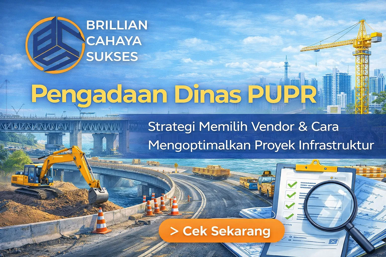 **Alt Text:** Feature image pengadaan Dinas PUPR dengan logo CV. Brillian Cahaya Sukses, menampilkan proyek pembangunan jalan, jembatan, alat berat, serta ilustrasi proses pemilihan vendor pengadaan proyek infrastruktur