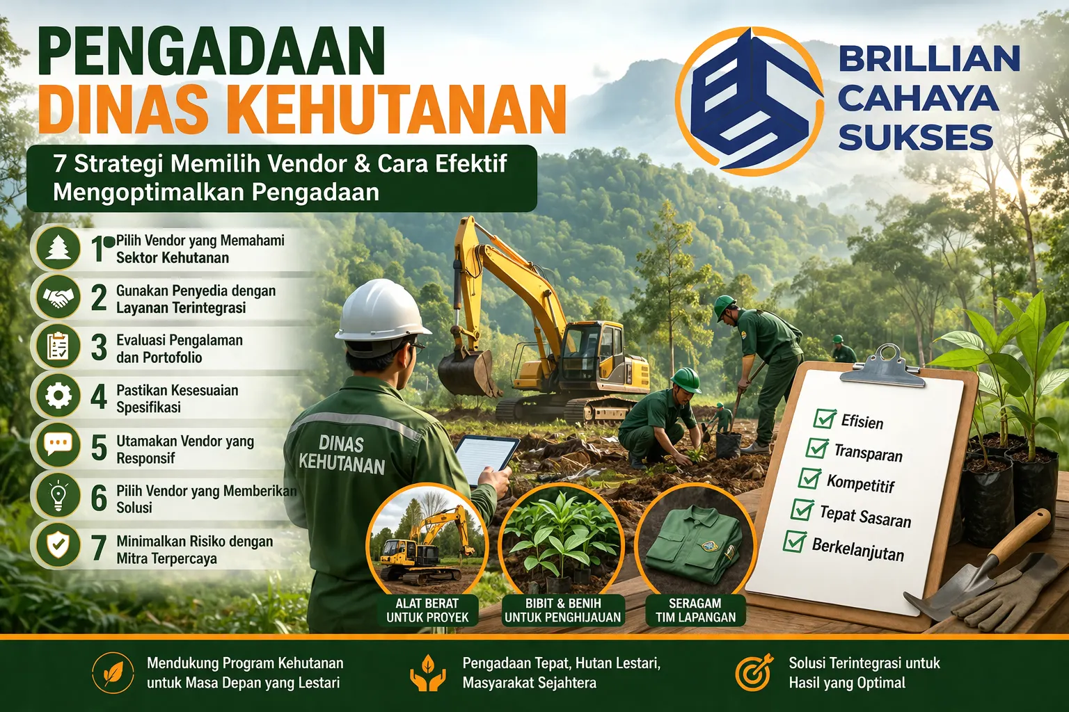 Alt text: “Poster pengadaan Dinas Kehutanan yang menampilkan aktivitas penanaman pohon di area hutan dengan alat berat (eksavator) dan petugas lapangan berseragam hijau. Di sisi kiri terdapat daftar ‘7 Strategi Memilih Vendor & Cara Efektif Mengoptimalkan Pengadaan’, sementara di sisi kanan ada checklist berisi ‘Efisien, Transparan, Kompetitif, Tepat Sasaran, Berkelanjutan’. Logo perusahaan ‘Brillian Cahaya Sukses’ terlihat di bagian atas kanan, serta ilustrasi alat berat, bibit tanaman, dan seragam tim lapangan di bagian bawah.