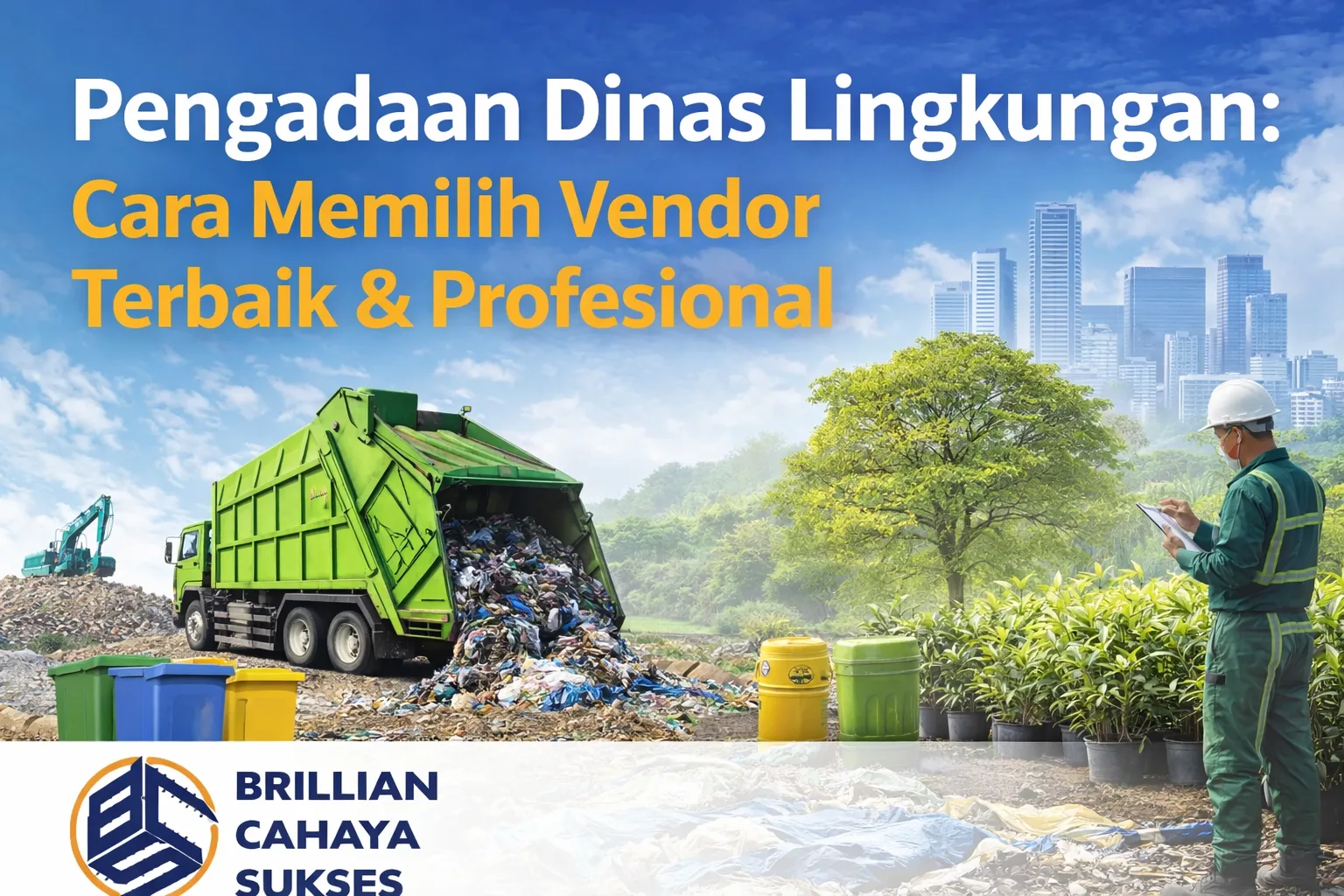 Pengadaan dinas lingkungan hidup dengan vendor profesional, ilustrasi pengelolaan sampah dan penghijauan serta logo Brillian Cahaya Sukses