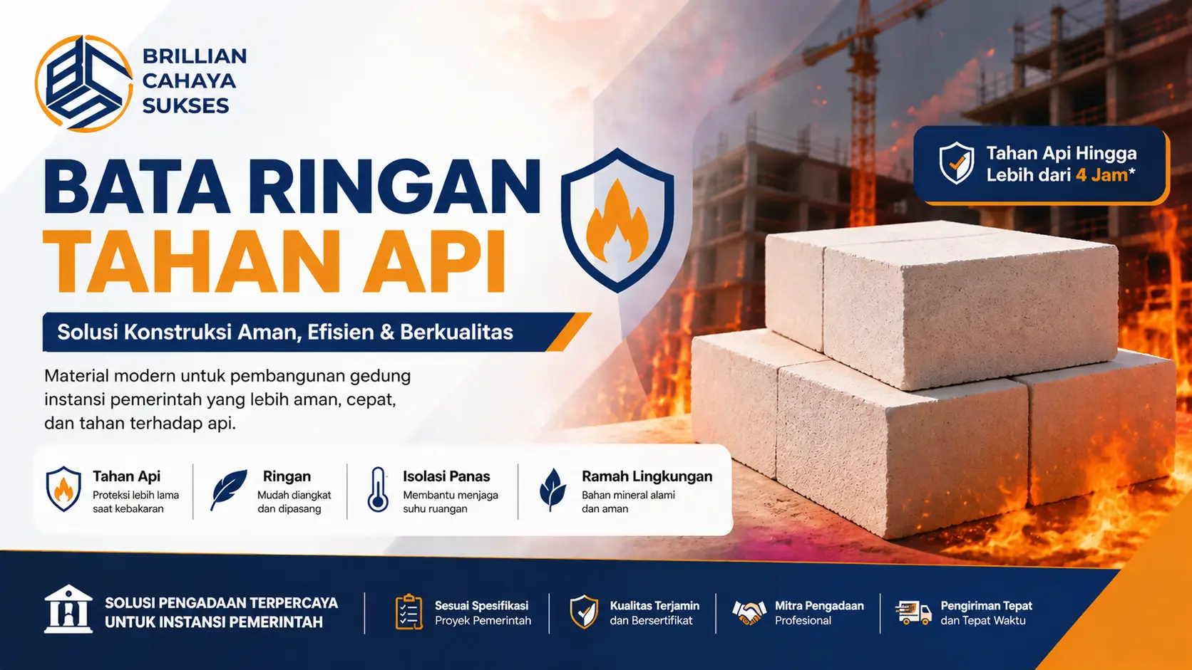 Feature image bata ringan tahan api Brilian Cahaya Sukses untuk proyek pemerintah, menampilkan tumpukan bata ringan AAC dan logo perusahaan
