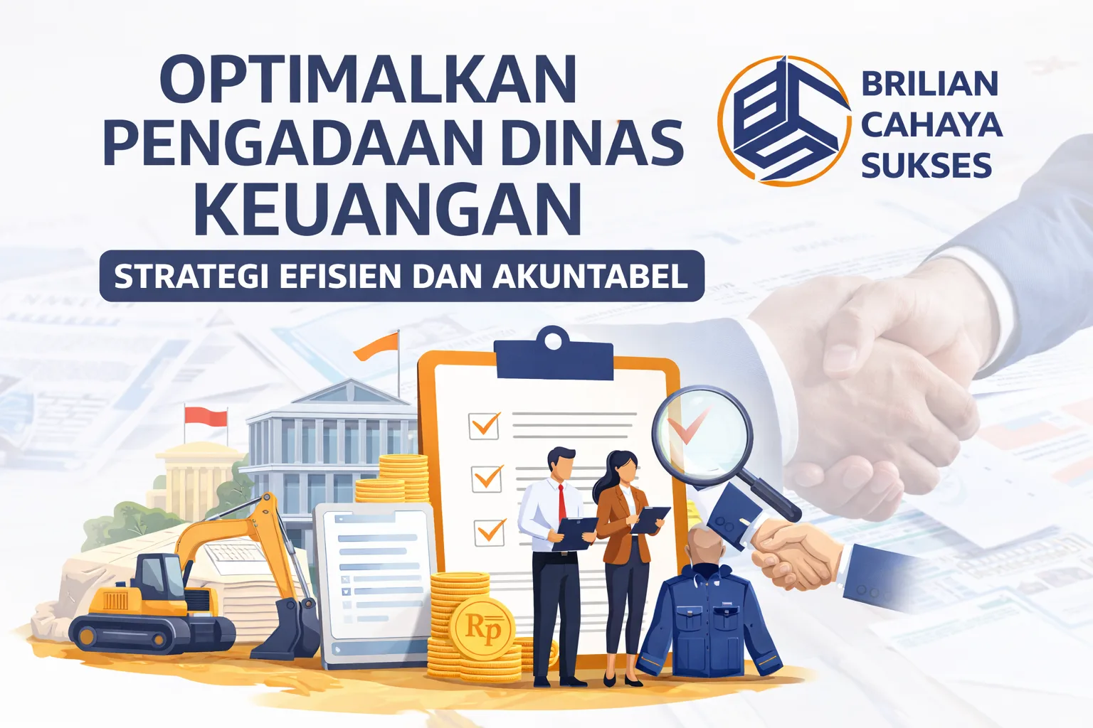 Ilustrasi pengadaan dinas keuangan dengan konsep efisiensi dan akuntabilitas menampilkan dokumen checklist, koin rupiah, alat berat, seragam, serta logo CV Brilian Cahaya Sukses sebagai mitra pengadaan terpercaya