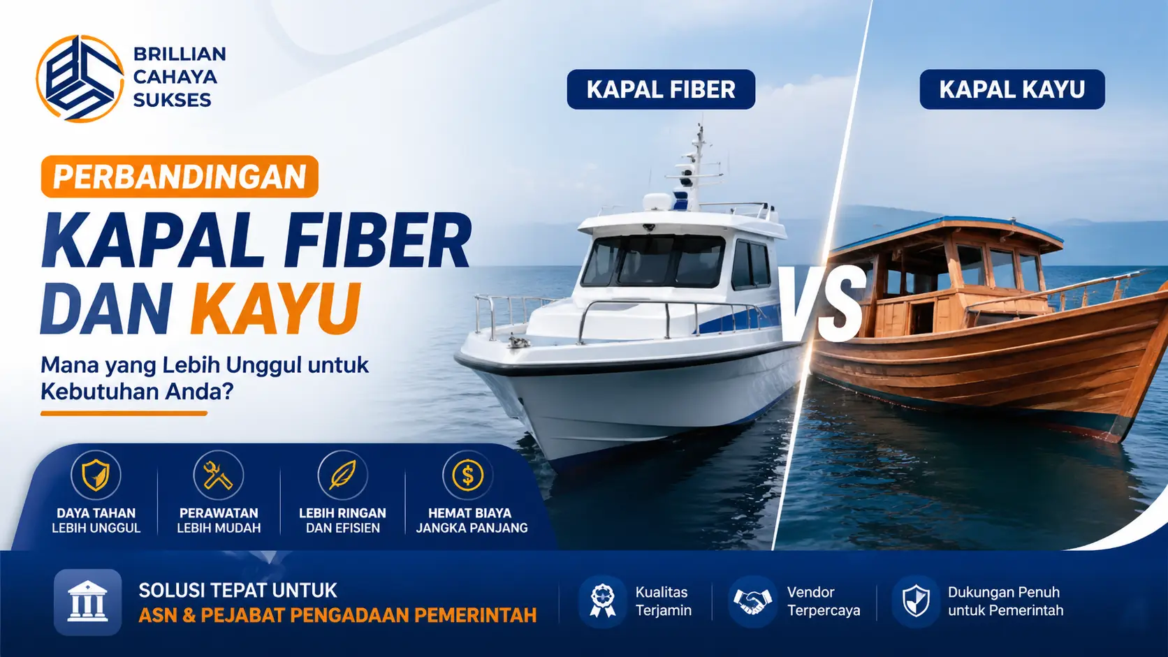 Infografis perbandingan kapal fiber dan kayu oleh Brilian Cahaya Sukses untuk ASN dan pejabat pengadaan