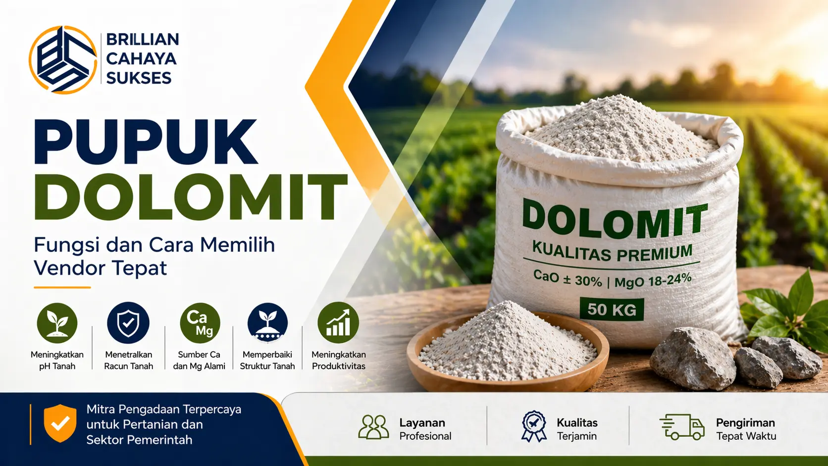 Pupuk dolomit kualitas premium dari Brilian Cahaya Sukses untuk meningkatkan pH tanah
