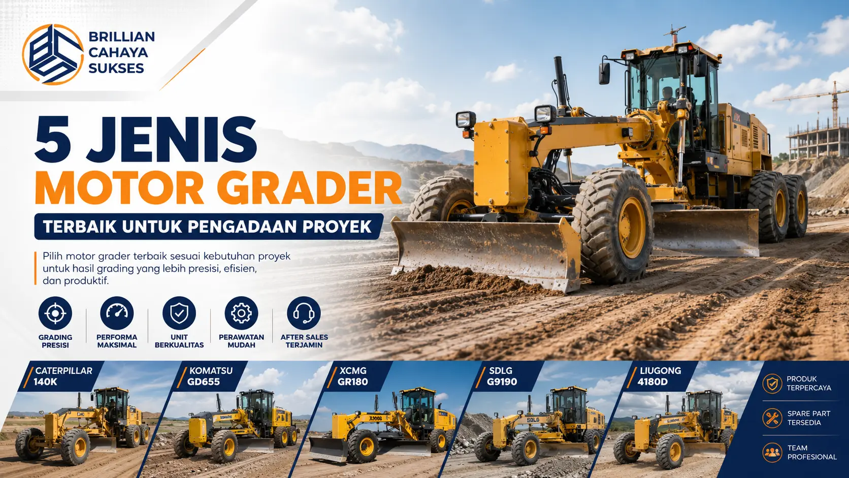 5 jenis motor grader terbaik untuk pengadaan proyek konstruksi dan infrastruktur dengan performa grading presisi.