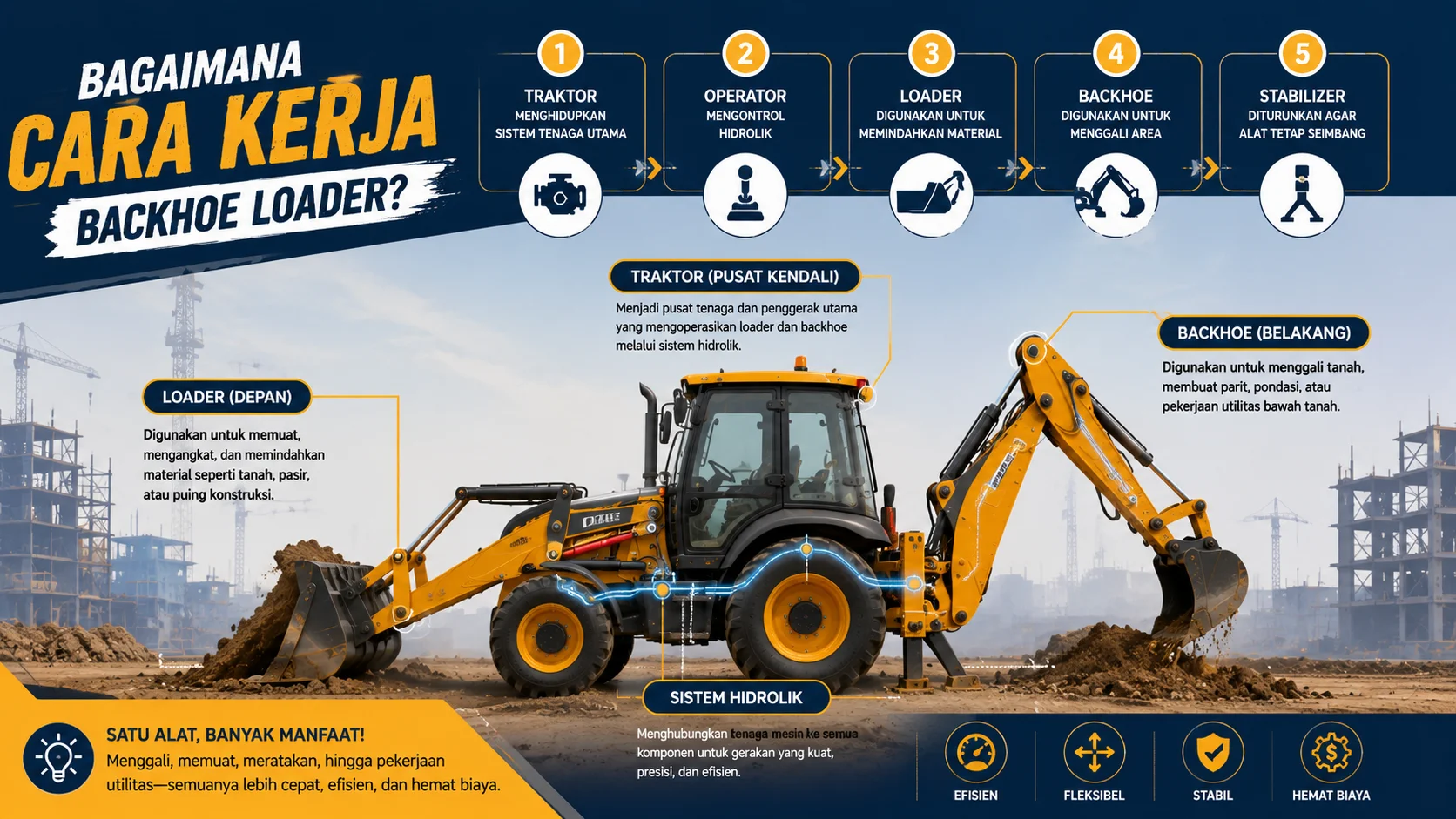 Diagram cara kerja Backhoe Loader yang menampilkan alur sistem hidrolik, loader depan, backhoe belakang, dan peran operator dalam menjalankan berbagai fungsi alat berat di proyek konstruksi.