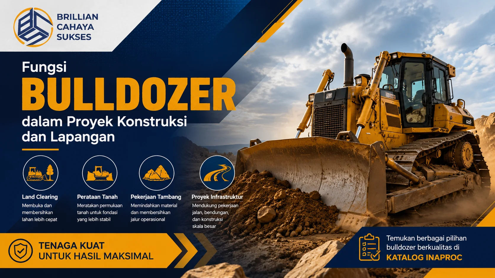 Bulldozer heavy duty sedang mendorong material tanah di area proyek konstruksi dengan desain banner modern bertema fungsi bulldozer untuk pekerjaan lapangan dan infrastruktur.