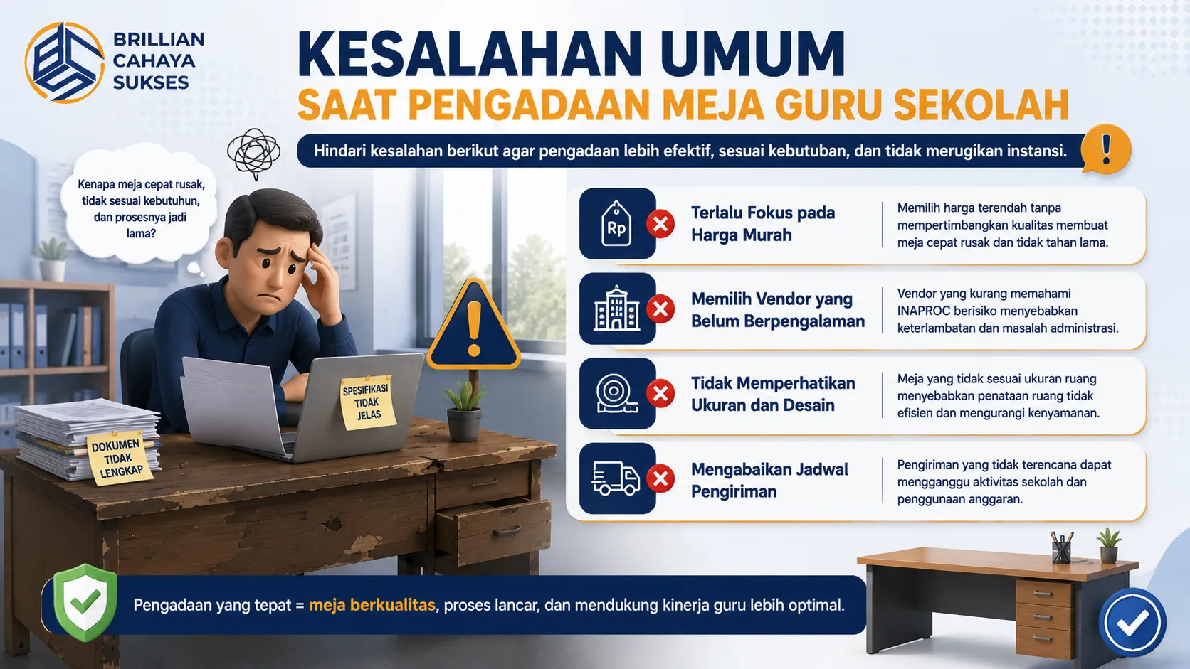Banner kesalahan umum saat pengadaan meja guru sekolah dengan ilustrasi meja rusak, proses administrasi bermasalah, dan panduan pengadaan yang lebih tepat.