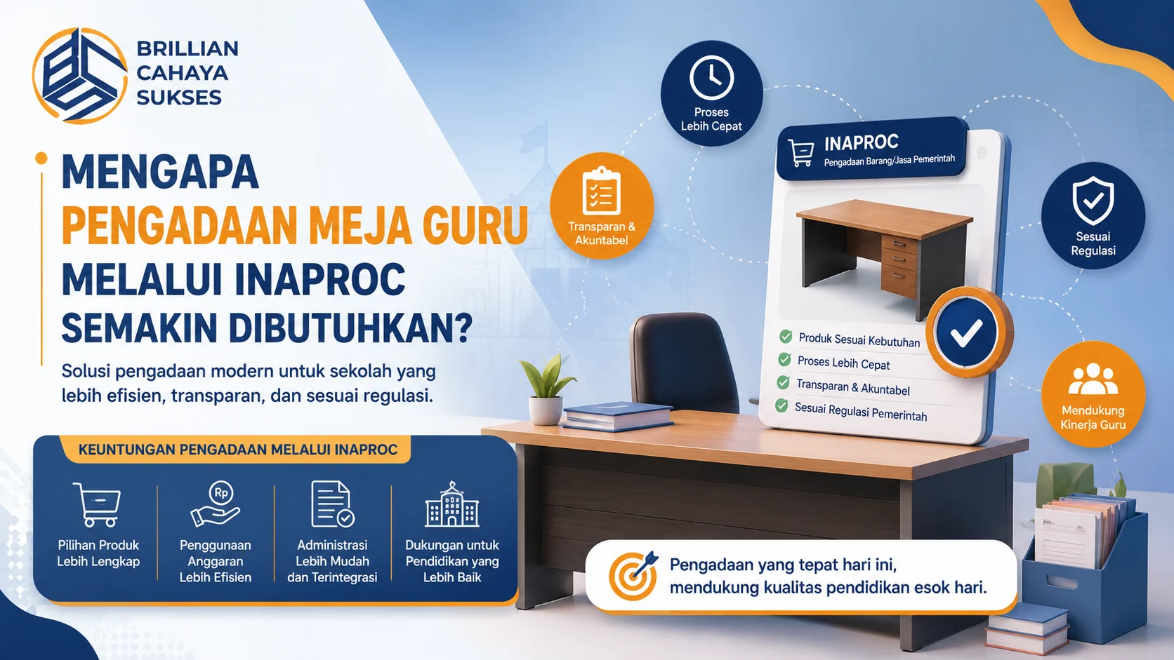 Banner pengadaan meja guru melalui Inaproc dengan ilustrasi meja kerja modern, sistem digital pengadaan, dan elemen visual transparansi serta efisiensi layanan.