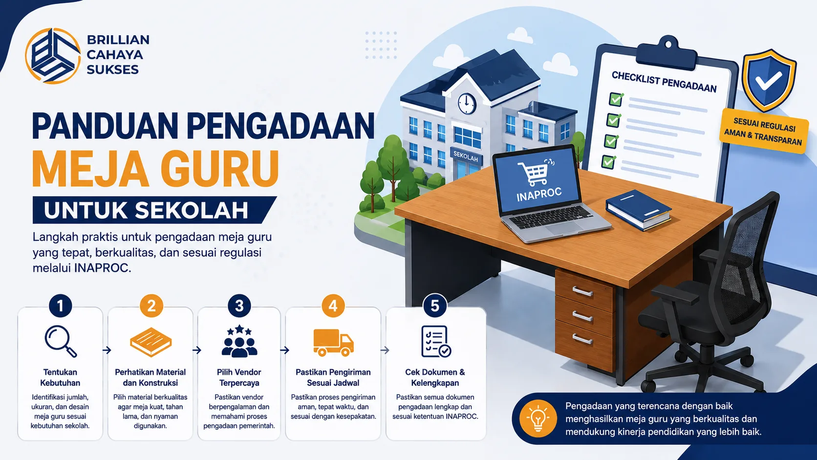 Banner panduan pengadaan meja guru sekolah dengan ilustrasi meja kerja modern, laptop INAPROC, checklist pengadaan, dan suasana pendidikan profesional.