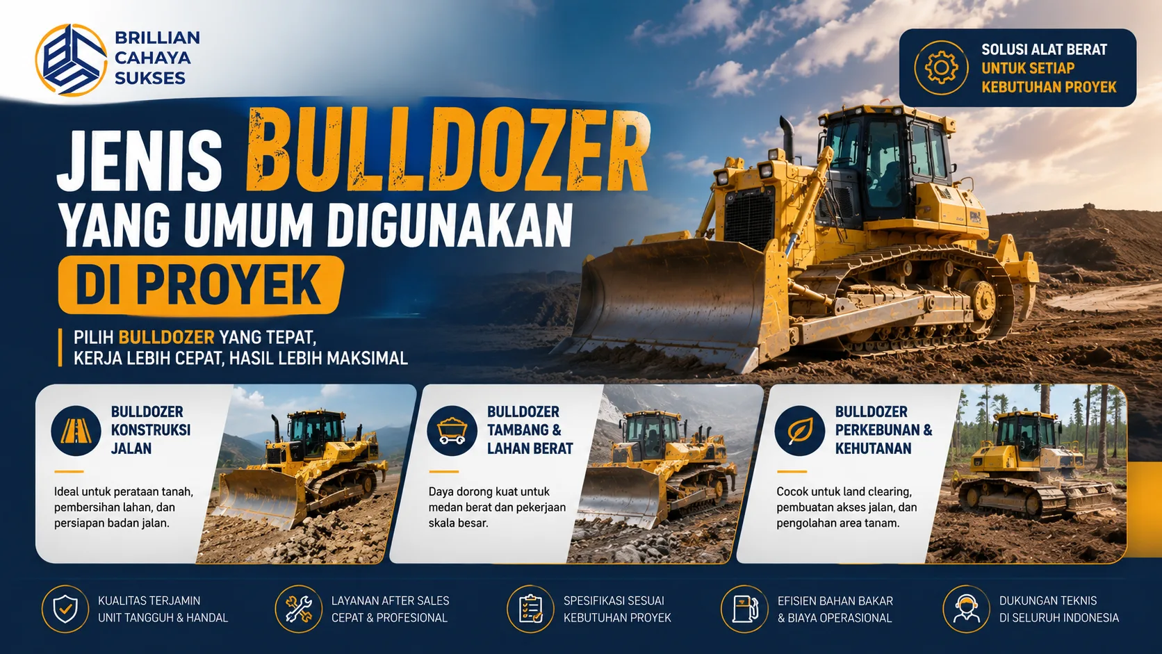 Beragam jenis bulldozer untuk proyek konstruksi, tambang, dan perkebunan yang digunakan untuk mendukung pekerjaan lapangan secara efisien.
