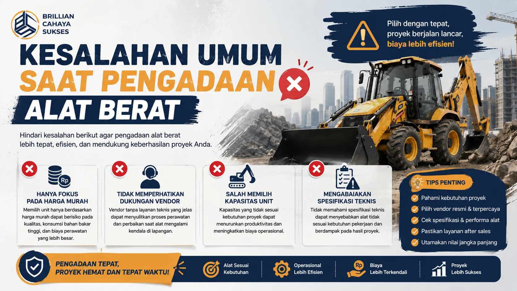 Banner edukatif tentang kesalahan umum saat pengadaan alat berat, menampilkan backhoe loader serta ilustrasi peringatan terkait pemilihan harga, vendor, kapasitas unit, dan spesifikasi teknis.