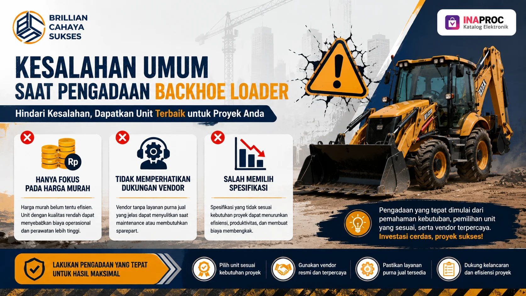 Banner edukatif tentang kesalahan umum saat pengadaan backhoe loader, menampilkan alat berat di proyek konstruksi dengan ilustrasi peringatan terkait pemilihan harga, vendor, dan spesifikasi unit.