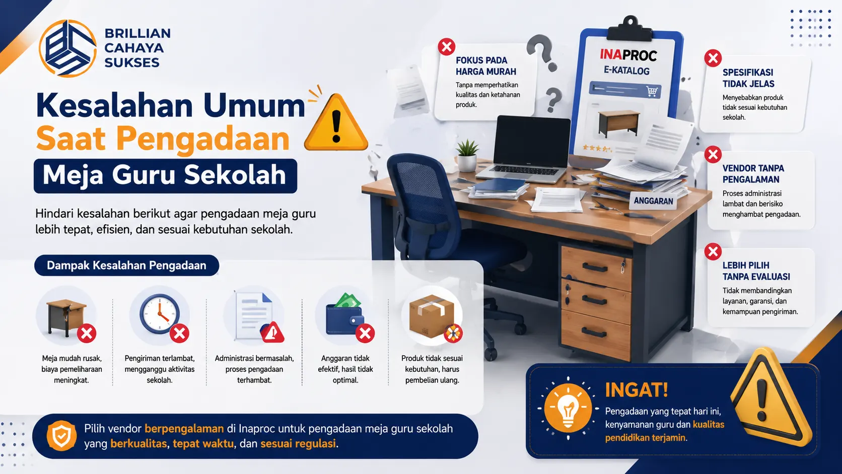 Banner edukatif tentang kesalahan umum saat pengadaan meja guru sekolah dengan ilustrasi dokumen pengadaan, meja kerja, dan peringatan evaluasi vendor.