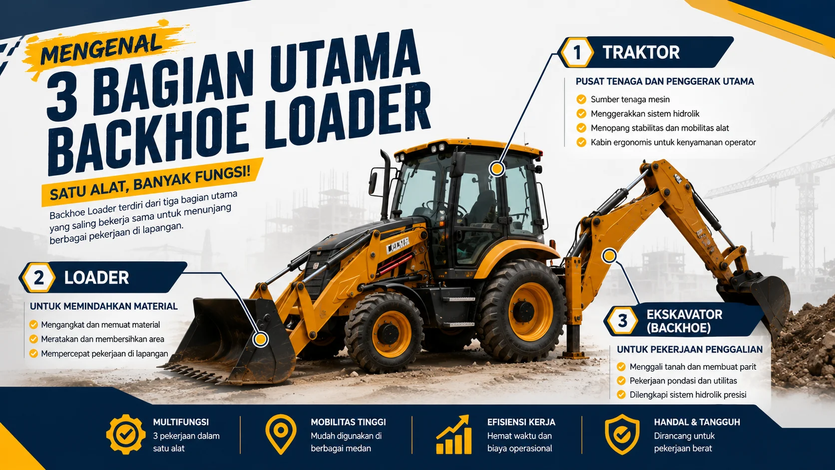 Ilustrasi Backhoe Loader dengan penanda tiga komponen utama yaitu traktor, loader, dan ekskavator (backhoe) yang bekerja bersama untuk mendukung berbagai pekerjaan konstruksi.