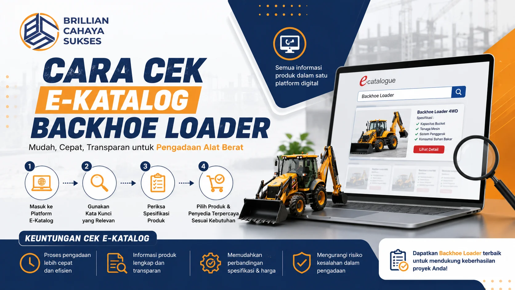 Ilustrasi proses cek E-Katalog Backhoe Loader melalui platform digital menggunakan laptop, menampilkan pencarian produk, spesifikasi alat berat, dan tahapan pengadaan yang praktis.