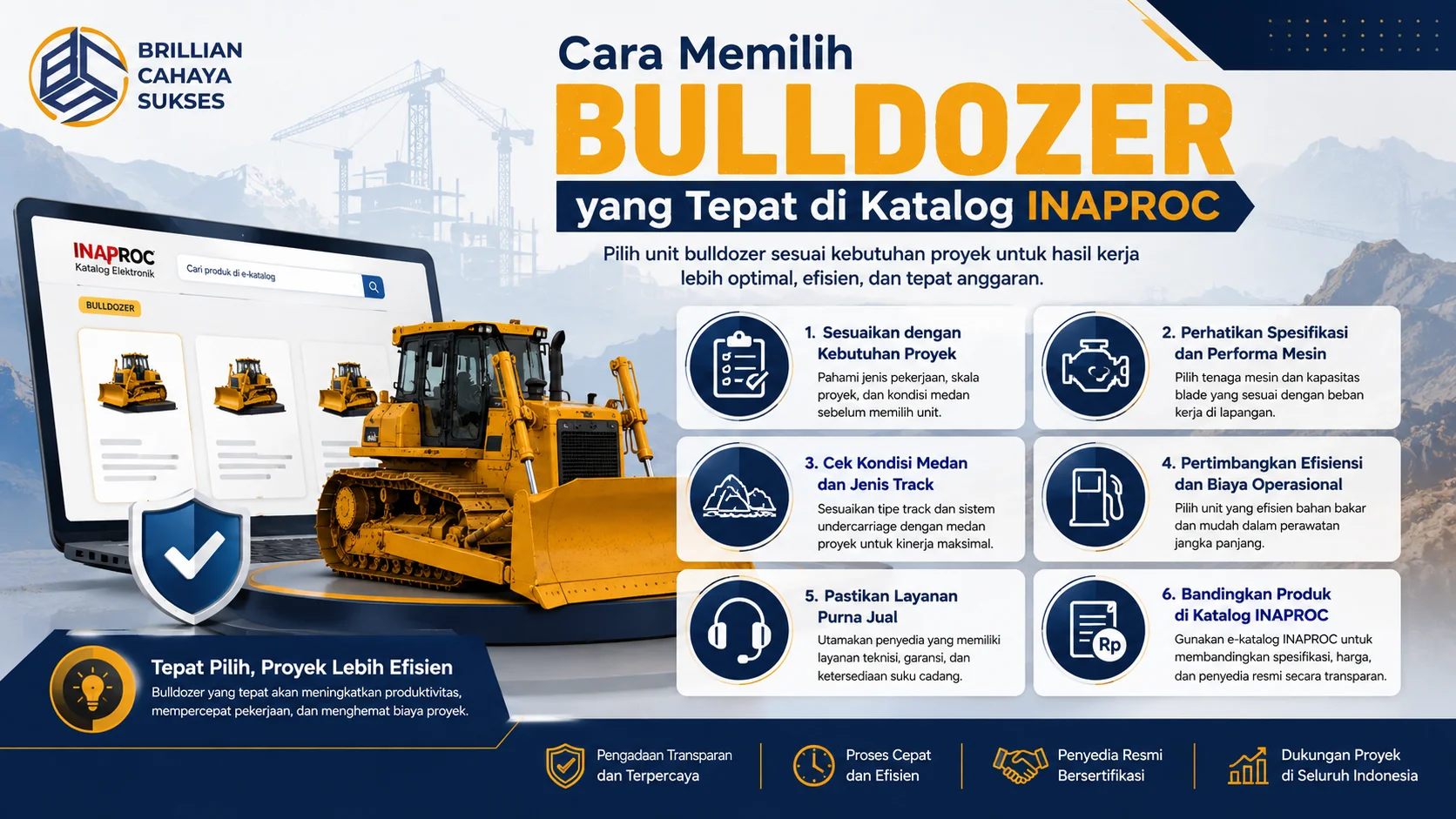 Banner edukasi pemilihan bulldozer di katalog INAPROC dengan ilustrasi unit bulldozer, tampilan e-katalog digital, dan panduan memilih alat berat sesuai kebutuhan proyek konstruksi.