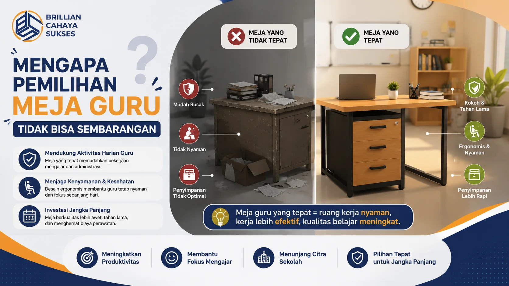 Banner ilustrasi perbandingan meja guru yang tidak ergonomis dan meja guru modern yang kokoh serta nyaman digunakan di ruang kelas sekolah.