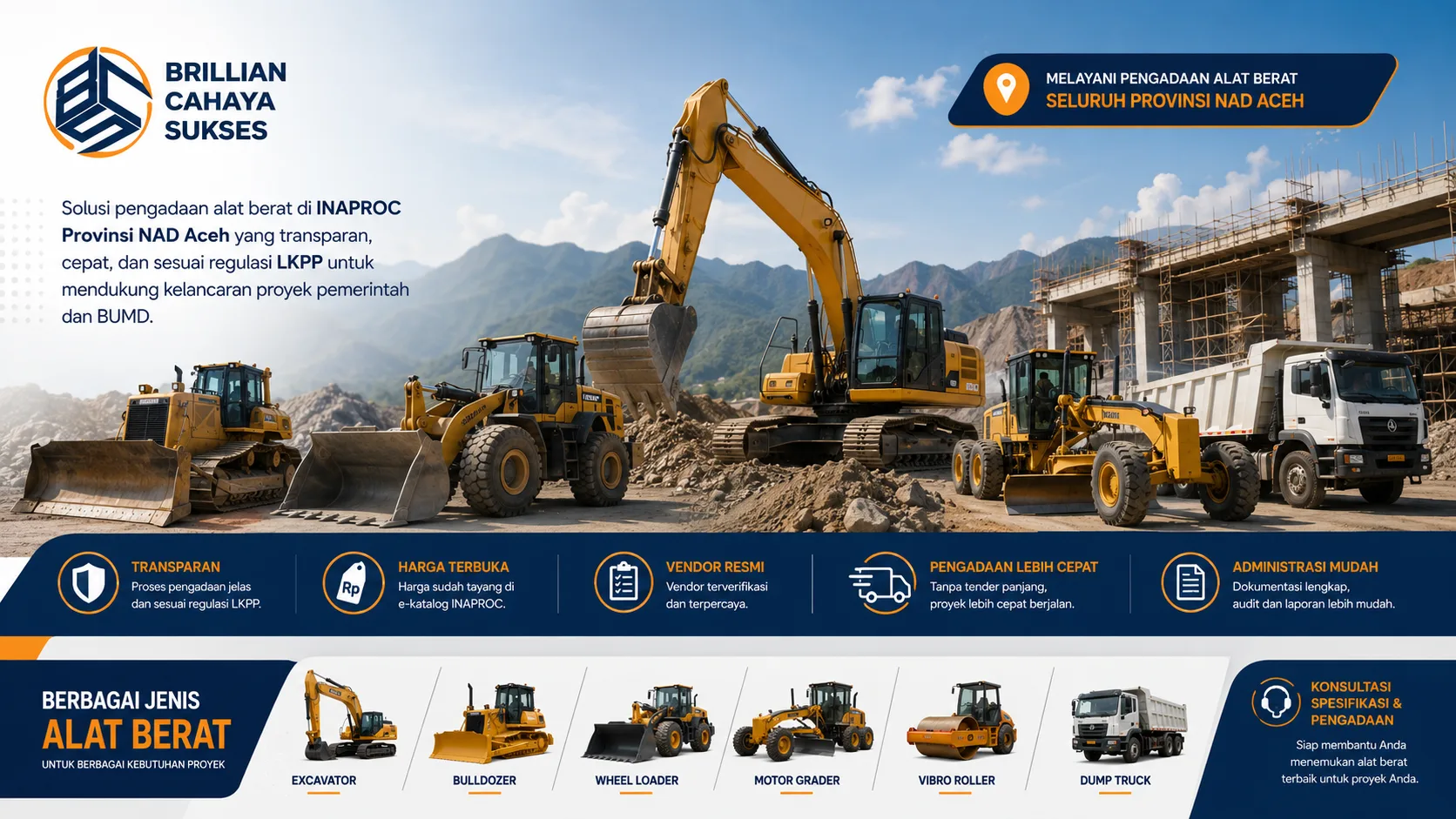 Pengadaan INAPROC Provinsi NAD Aceh dengan excavator, bulldozer, dan dump truck untuk proyek konstruksi pemerintah.