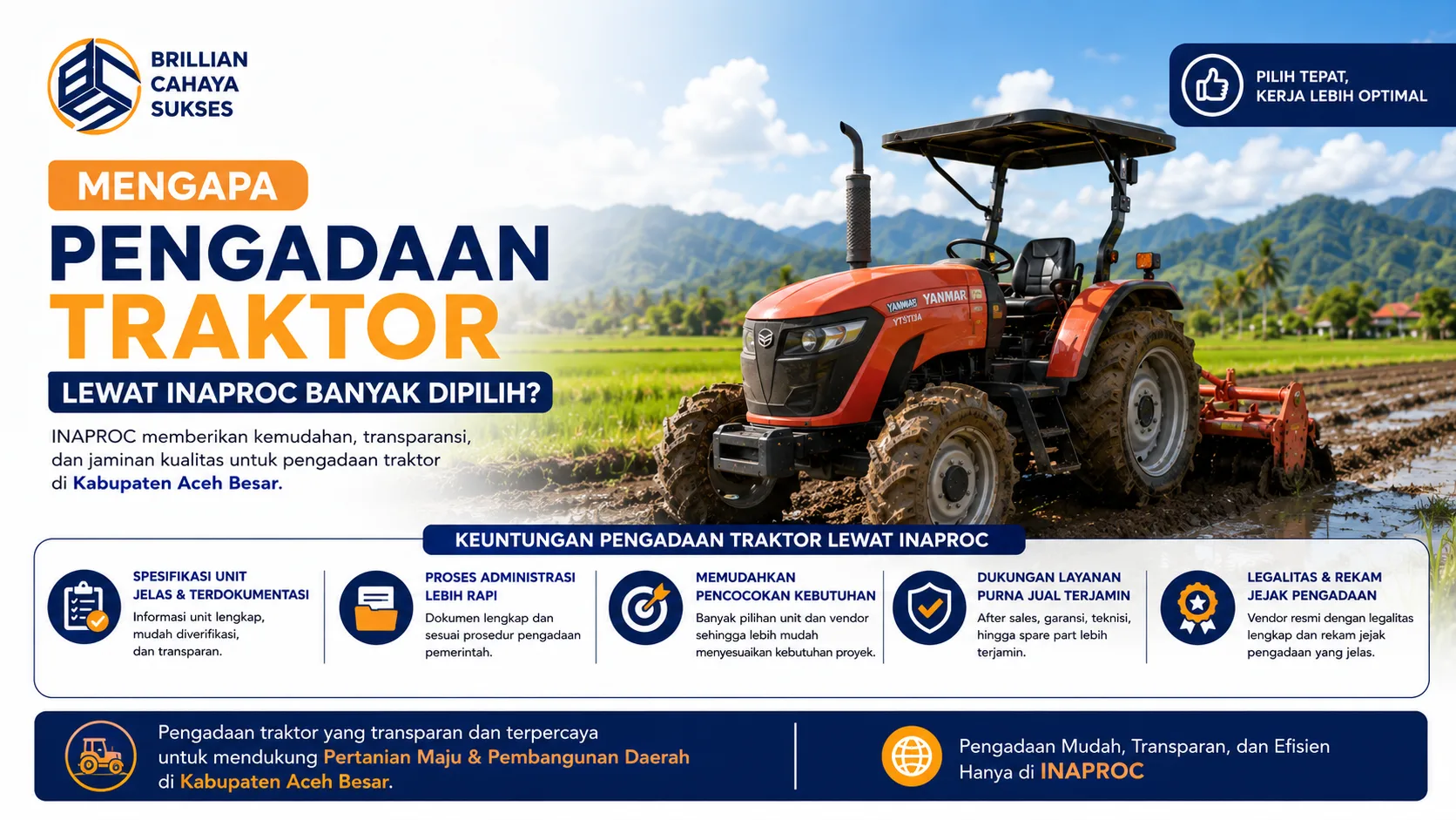 Spanduk pengadaan traktor lewat INAPROC di Kabupaten Aceh Besar dengan ilustrasi traktor modern di daerah persawahan serta keuntungan informasi pengadaan yang transparan dan efisien.