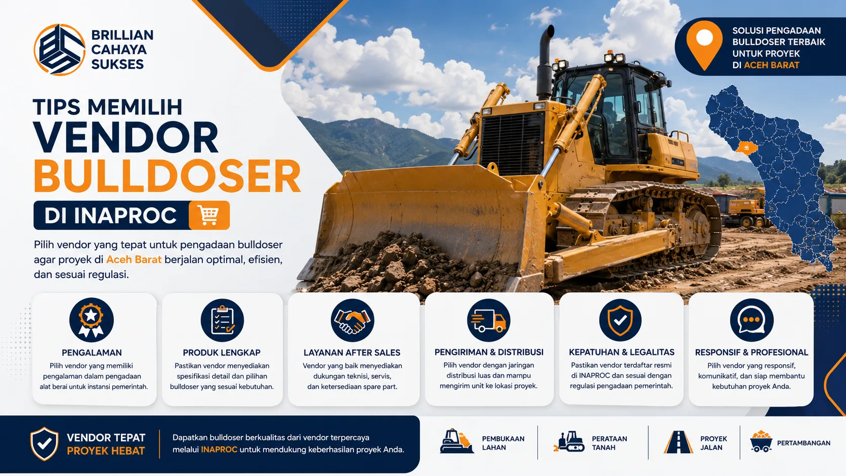 Tips banner memilih vendor bulldozer INAPROC untuk proyek konstruksi dan pengadaan alat berat di Aceh Barat.