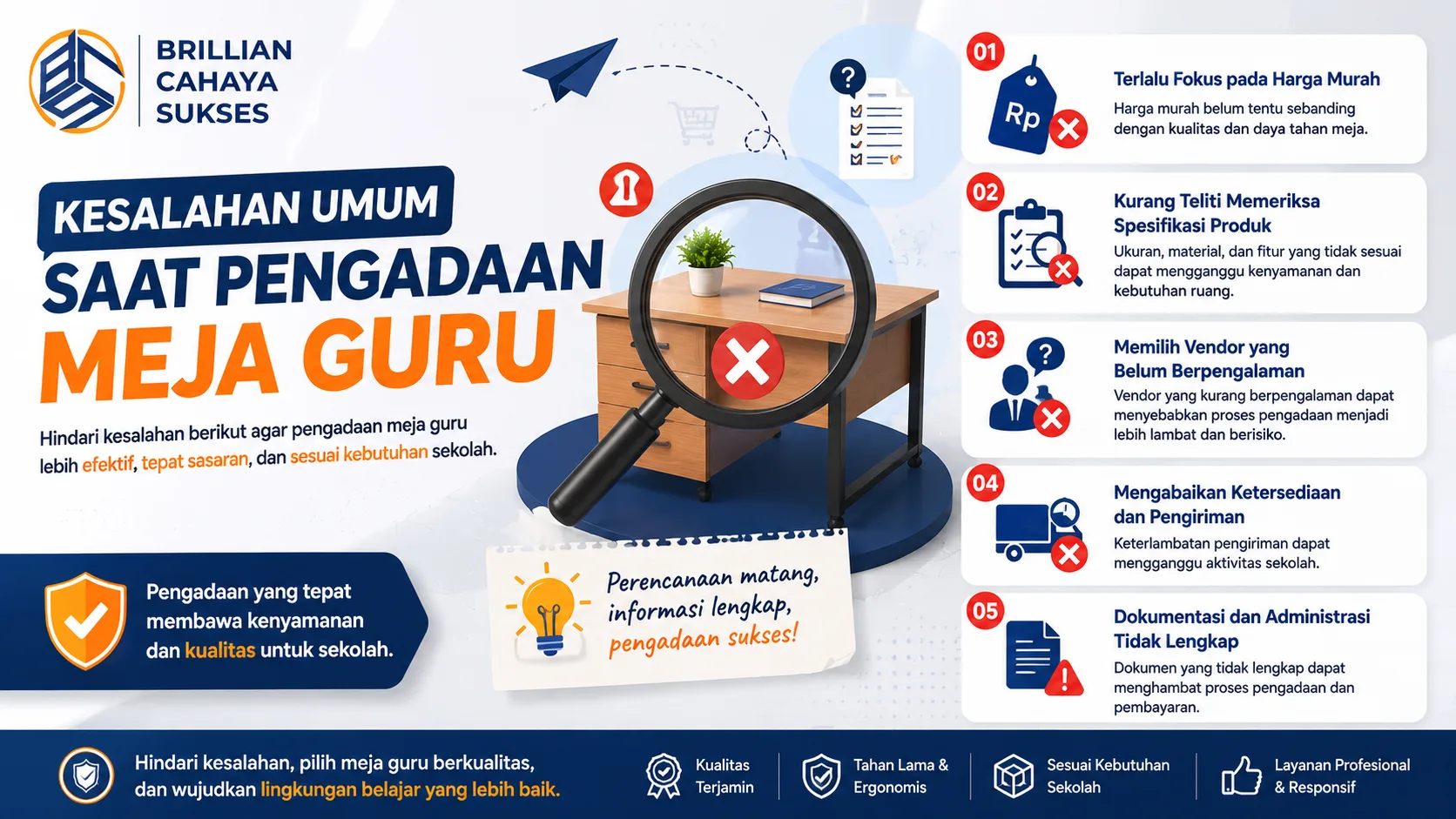 Banner edukatif tentang kesalahan umum saat pengadaan meja guru dengan ilustrasi meja kantor, ikon peringatan, dan elemen evaluasi pengadaan sekolah.