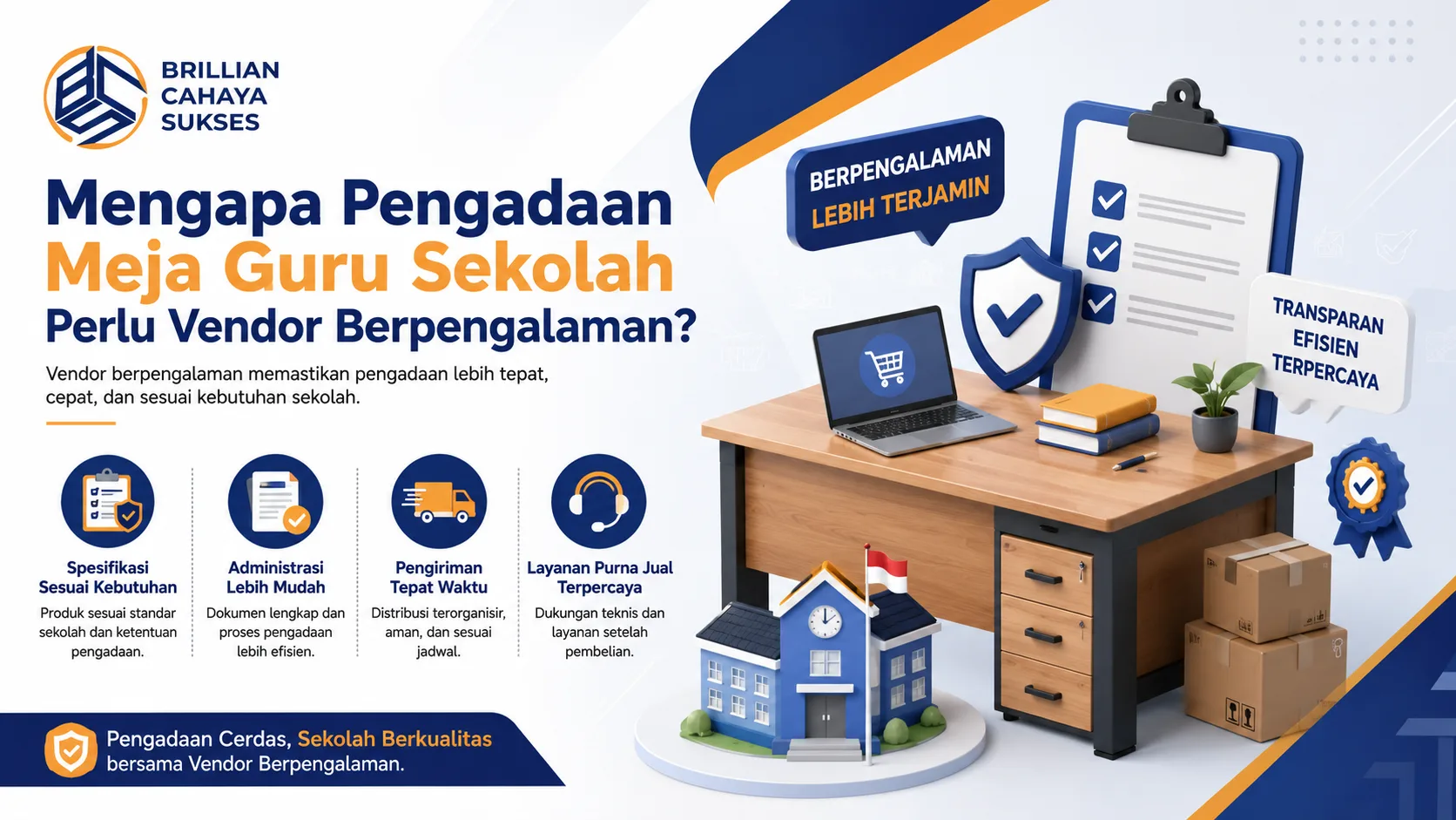 Banner pengadaan meja guru sekolah dengan ilustrasi vendor berpengalaman, meja kerja modern, dan elemen administrasi pengadaan pemerintah.