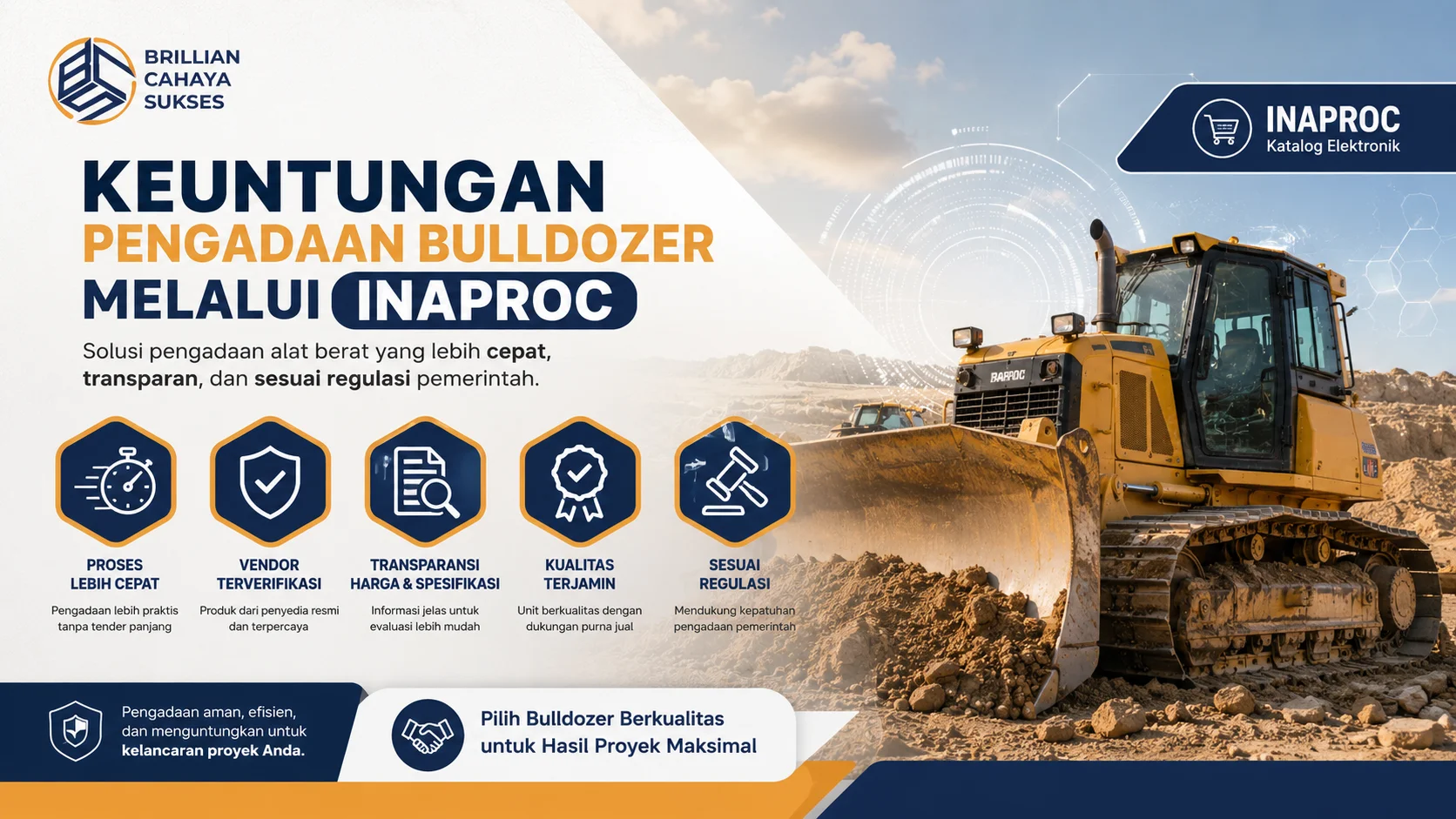 Banner pengadaan bulldozer melalui INAPROC dengan ilustrasi alat berat di area proyek konstruksi serta informasi keuntungan pengadaan yang cepat, transparan, dan sesuai regulasi.