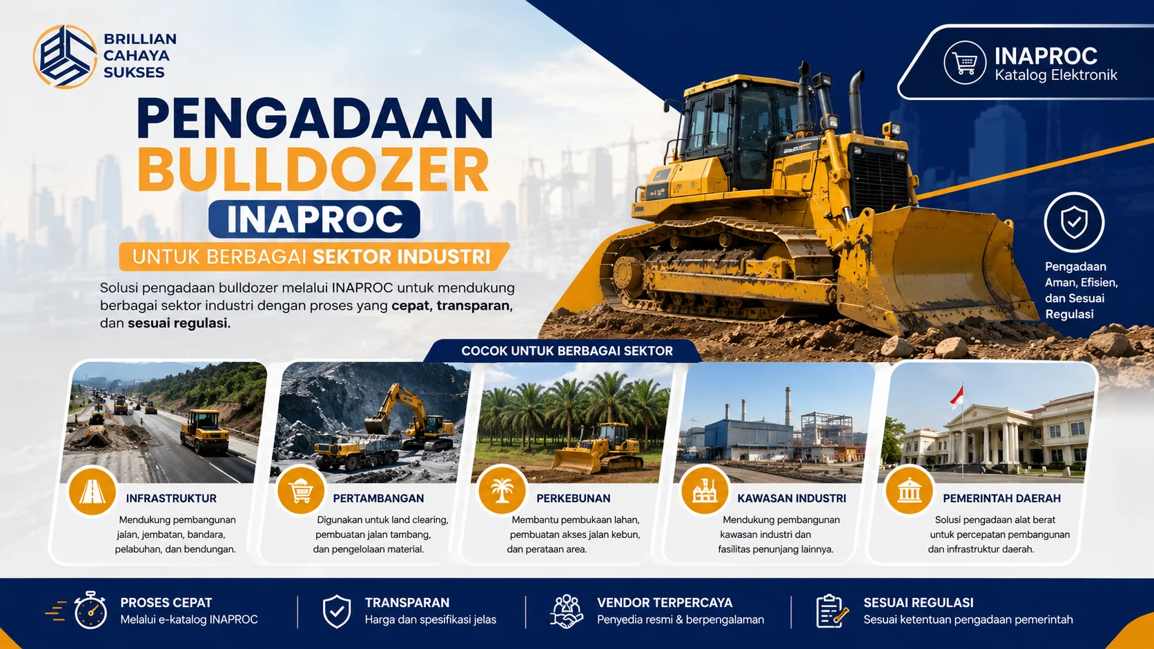 Banner pengadaan bulldozer INAPROC untuk berbagai sektor industri dengan ilustrasi alat berat pada proyek infrastruktur, pertambangan, perkebunan, dan kawasan industri.