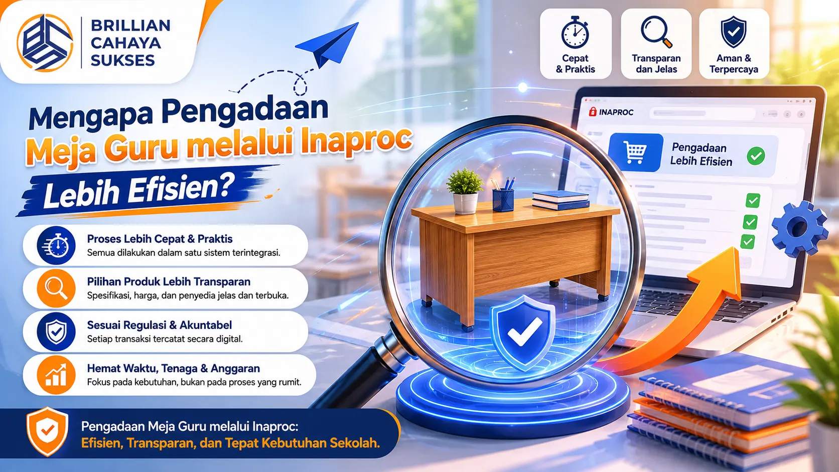 Banner kreatif pengadaan meja guru melalui Inaproc dengan ilustrasi meja kerja modern, sistem digital pengadaan, dan elemen visual efisiensi serta transparansi.