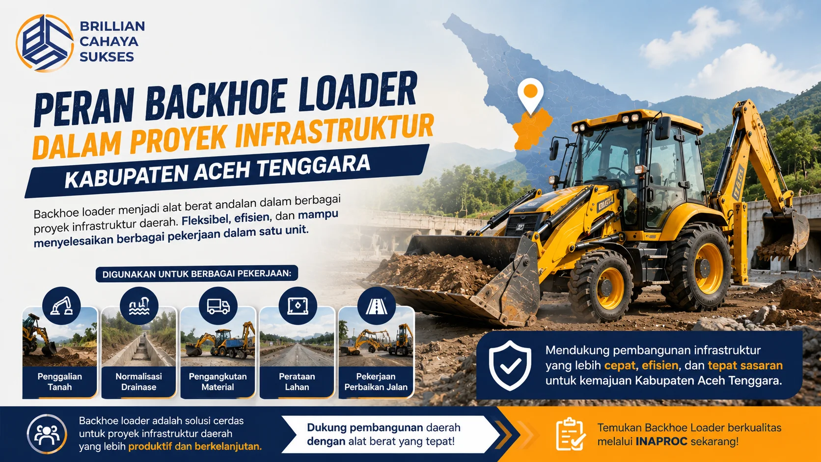 Ilustrasi backhoe loader yang beroperasi pada proyek infrastruktur di Kabupaten Aceh Tenggara, menampilkan aktivitas penggalian, normalisasi drainase, dan pembangunan jalan.