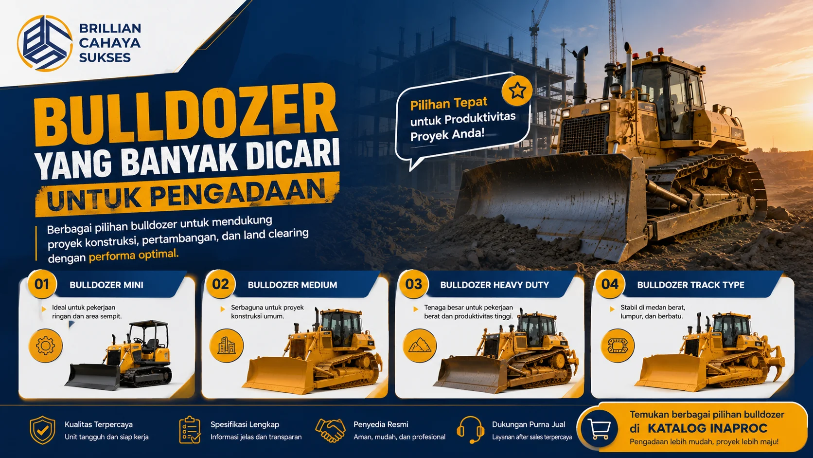 Banner kategori bulldozer untuk pengadaan proyek dengan tampilan berbagai tipe bulldozer seperti mini, medium, heavy duty, dan track type di area konstruksi modern.