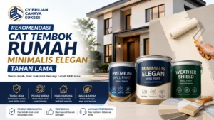 Infografik rekomendasi cat tembok rumah minimalis elegan dari CV Brilian Cahaya Sukses yang menonjolkan fitur tahan lama, banyak pilihan warna, hasil maksimal daya tutup tinggi, serta aman dan ramah lingkungan untuk interior maupun eksterior.