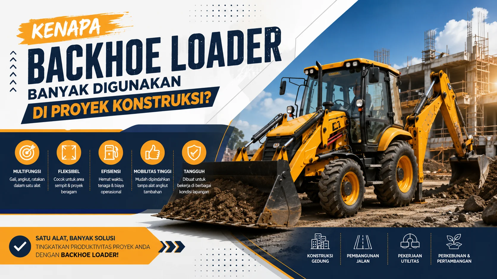Backhoe loader beroperasi di area proyek konstruksi dengan ilustrasi keunggulan multifungsi, mobilitas tinggi, dan efisiensi kerja untuk berbagai kebutuhan pembangunan.
