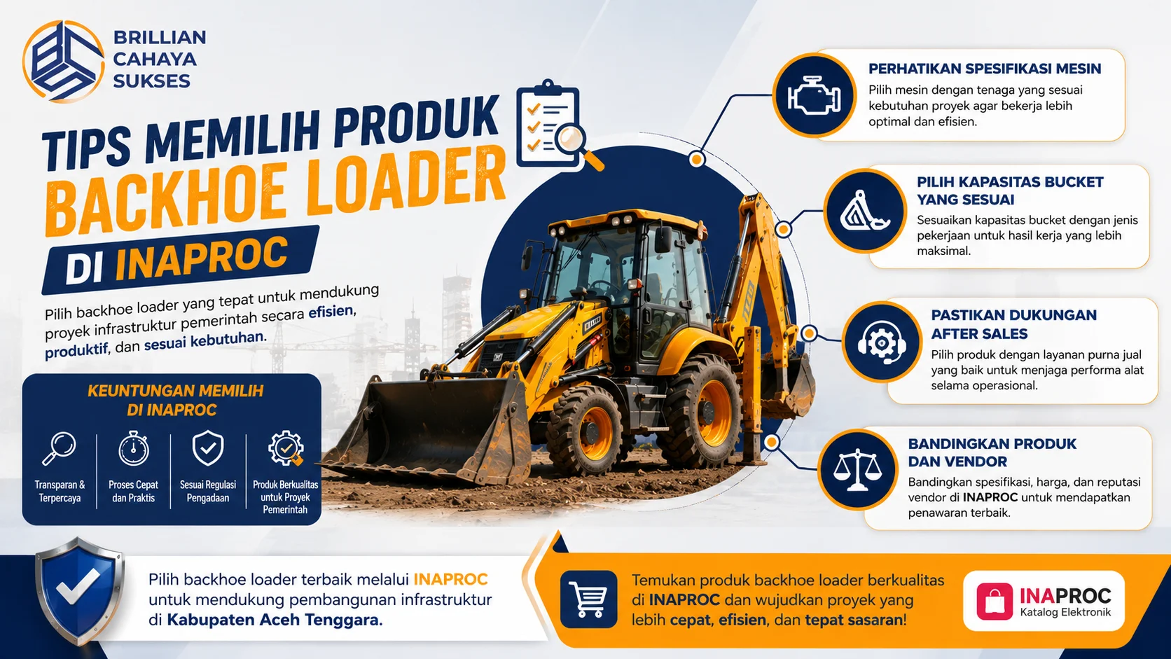Banner edukatif tips memilih produk backhoe loader di INAPROC, menampilkan alat berat, spesifikasi mesin, kapasitas bucket, layanan purna jual, serta perbandingan vendor untuk mendukung proyek infrastruktur Kabupaten Aceh Tenggara.