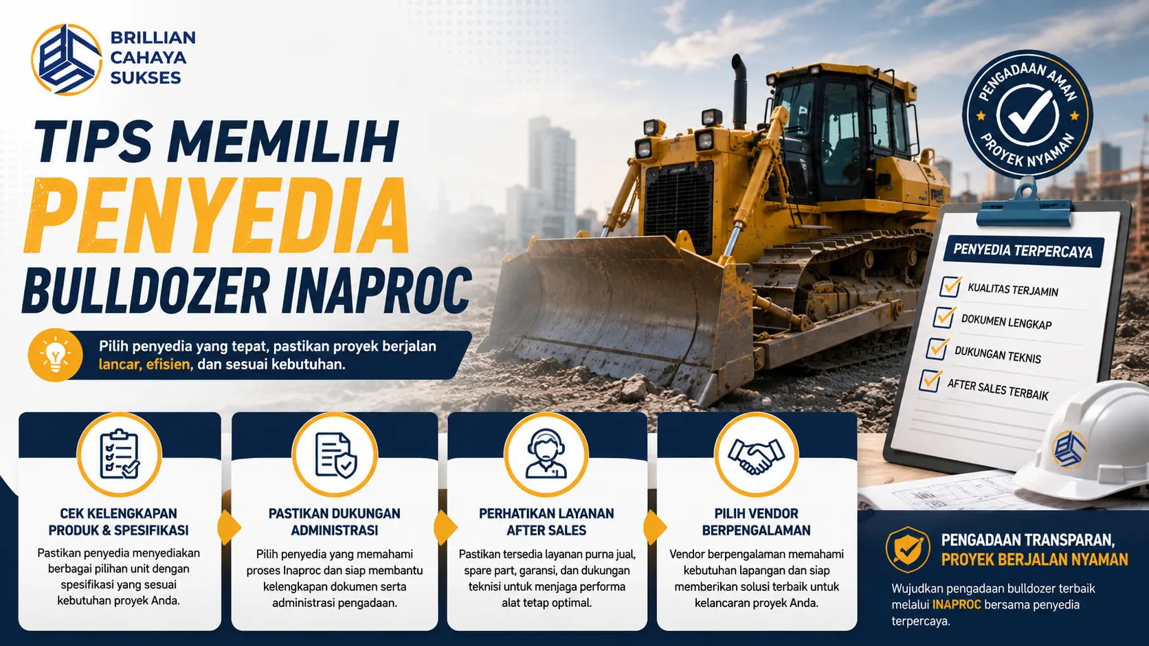 Bulldozer proyek dengan ilustrasi tips memilih penyedia Inaproc terpercaya untuk mendukung pengadaan alat berat yang aman dan efisien.