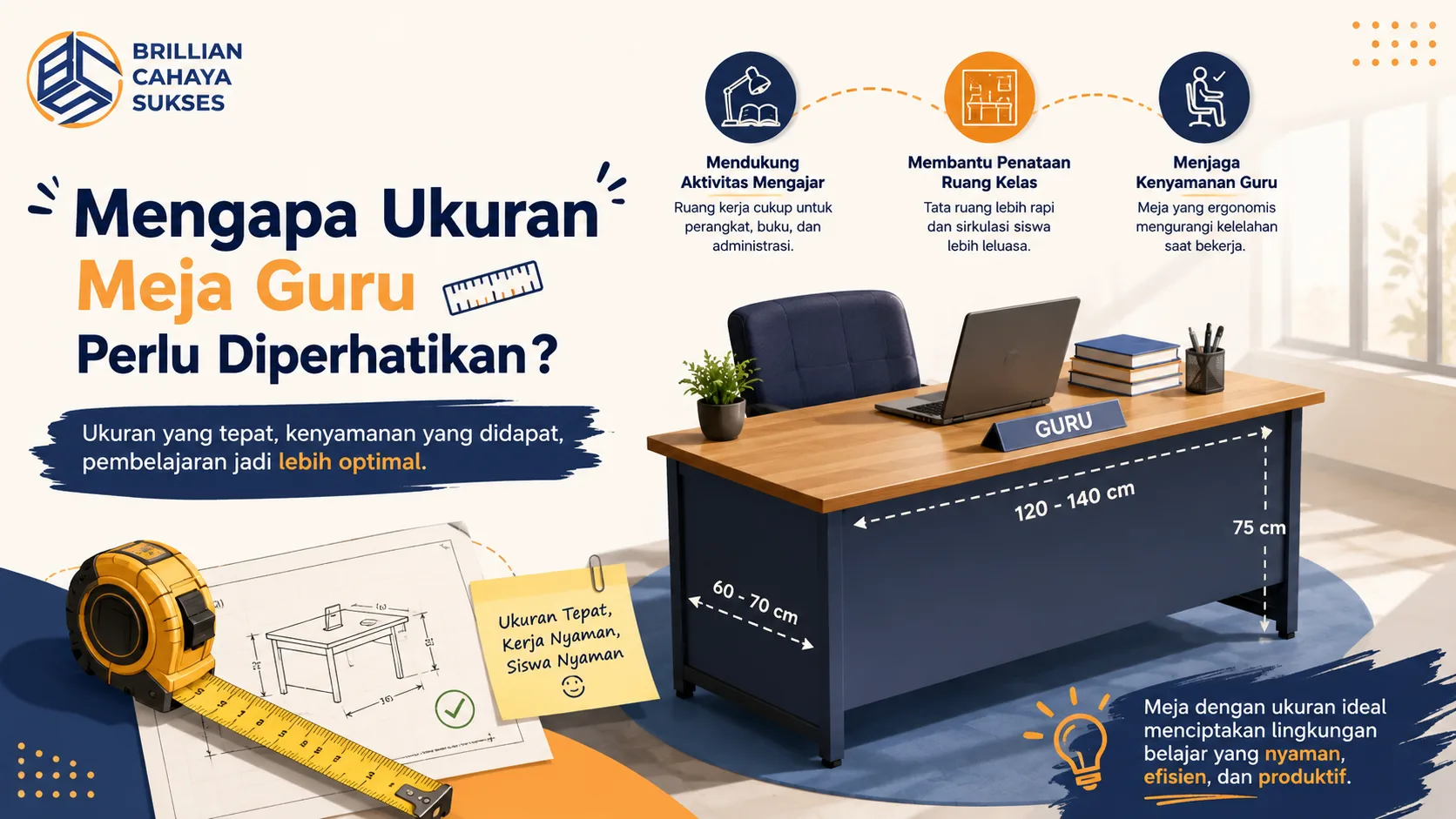 Ilustrasi meja guru sekolah dengan ukuran ideal yang membantu menciptakan ruang kelas lebih rapi, nyaman, dan mendukung aktivitas mengajar.