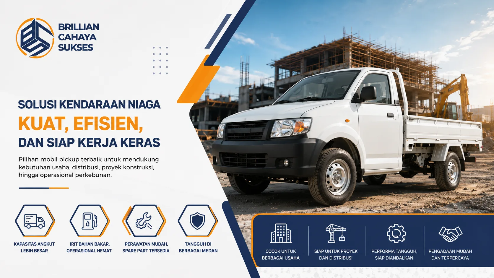 Banner mobil pickup modern untuk kebutuhan distribusi, proyek konstruksi, dan operasional bisnis profesional.