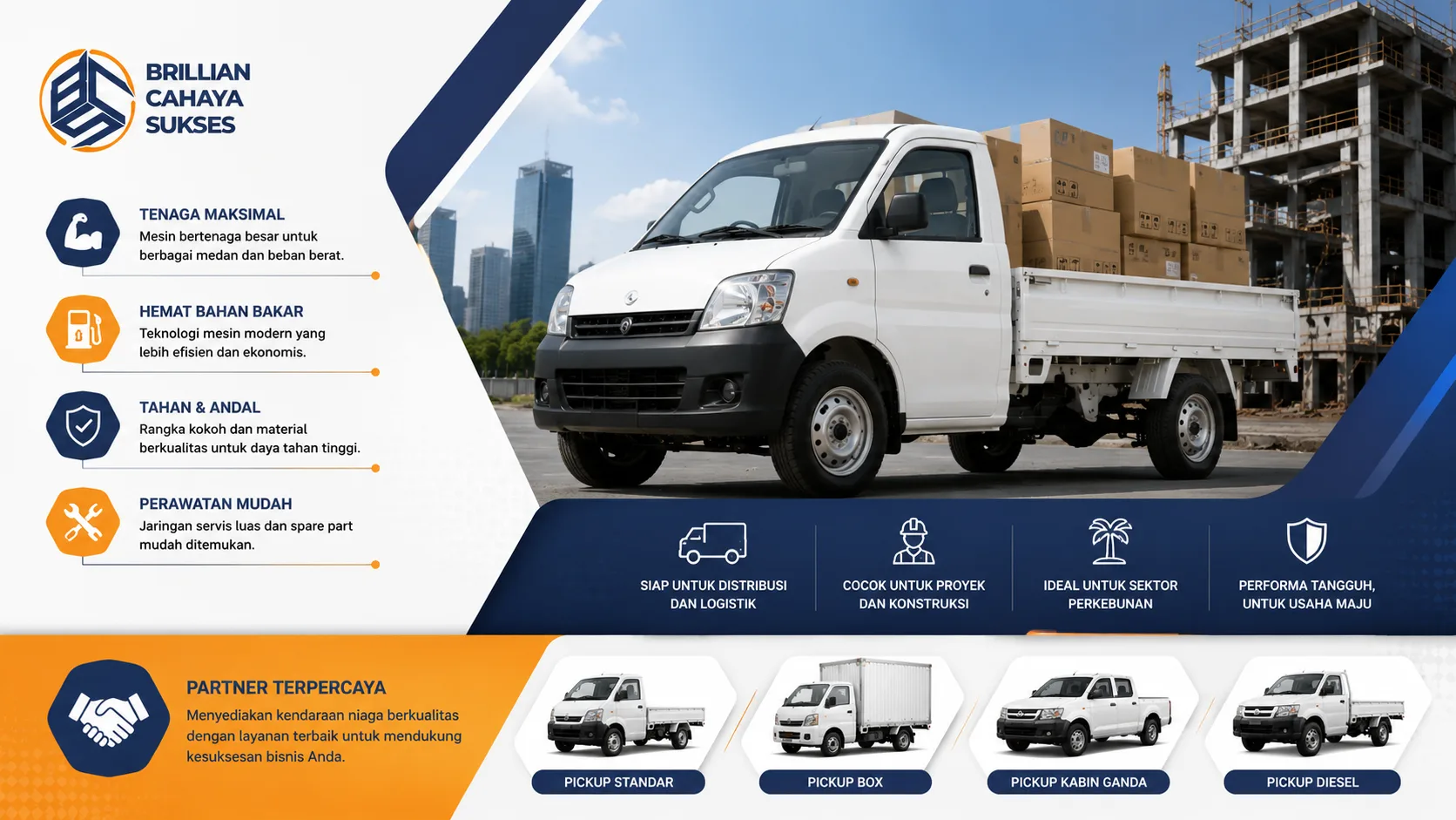 Banner mobil pickup niaga modern untuk distribusi, proyek konstruksi, dan operasional usaha.